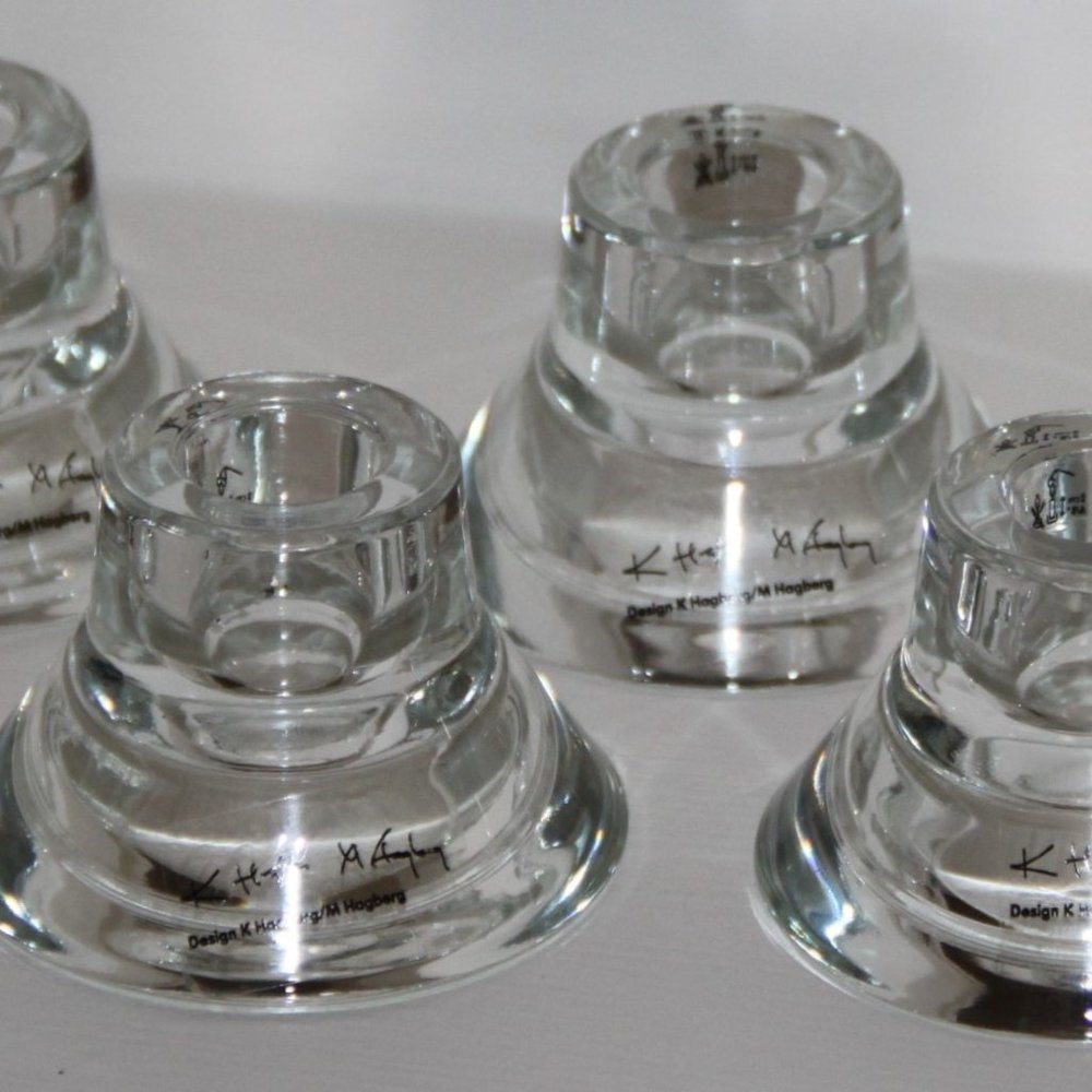K&M Hagberg Artist Signed Reversible Stackable Glass Candle Holder Tea Light 4pc